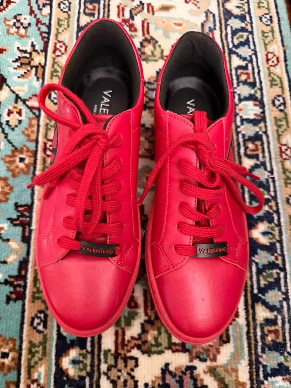 Valentino Bright Red Leather Lace-Up Sneakers